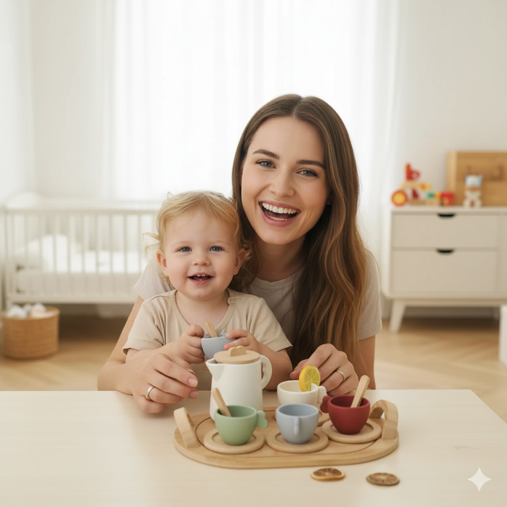 Kinder Tee-Set aus Holz | Fantasievolles Rollenspiel | Sicheres Silikon & Holz Spielzeug für Kleinkinder