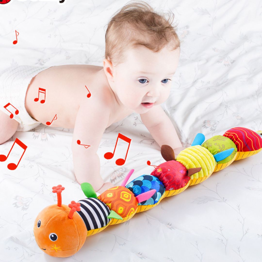 Sensorische Plüsch Rassel & Musik Raupe – Baby Spielzeug für Greifen, Hören & Frühförderung