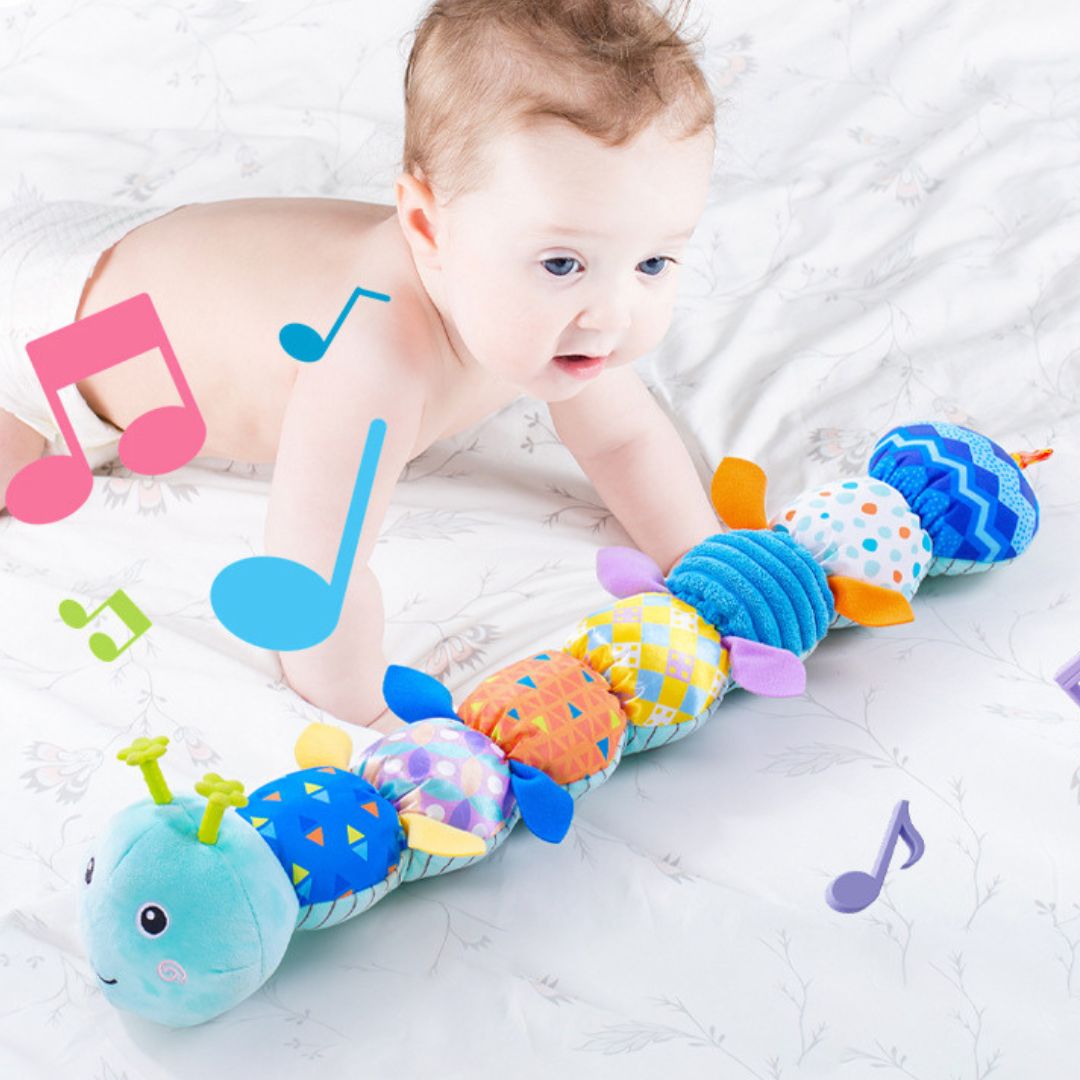 Sensorische Plüsch Rassel & Musik Raupe – Baby Spielzeug für Greifen, Hören & Frühförderung