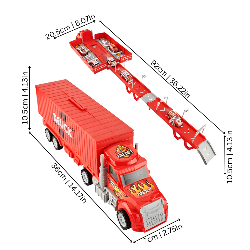 Transformierbarer Feuerwehr-Transporttruck mit Rennstrecke – Kinder Spielzeugauto für Action, Kreativität & Rollenspiel