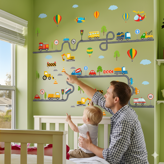 Spielstraße Wandsticker Set | Kreative Auto Wandtattoos für Kinderzimmer | Aquarell Optik