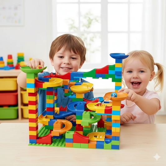 Montessori Schienen & Bauklötze Rutsche – Kinder Lernspielzeug für Kreativität, Motorik & Rollenspiel
