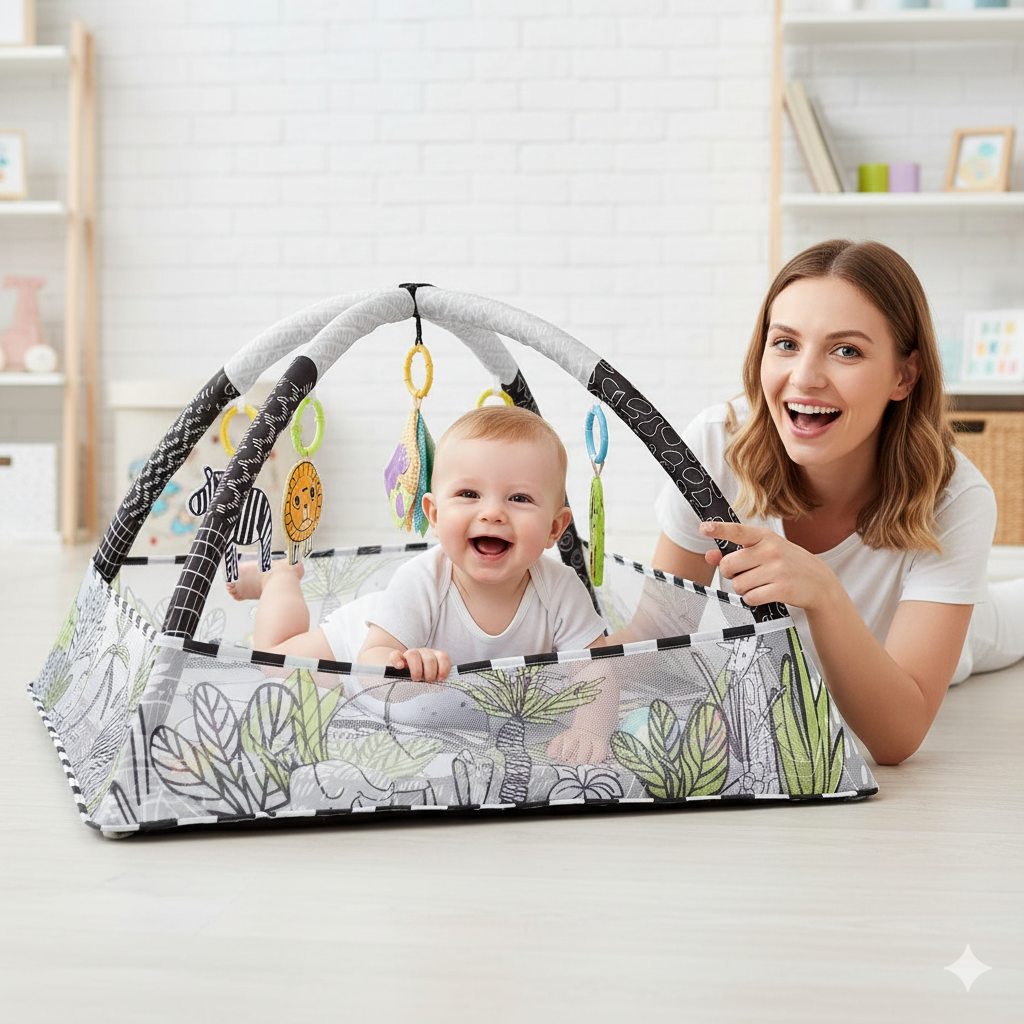 Montessori Spiel- & Fitnessdecke – Baby Spielzeug für Motorik, Greifen & sensorische Förderung