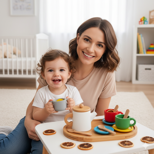 Kinder Tee-Set aus Holz | Fantasievolles Rollenspiel | Sicheres Silikon & Holz Spielzeug für Kleinkinder