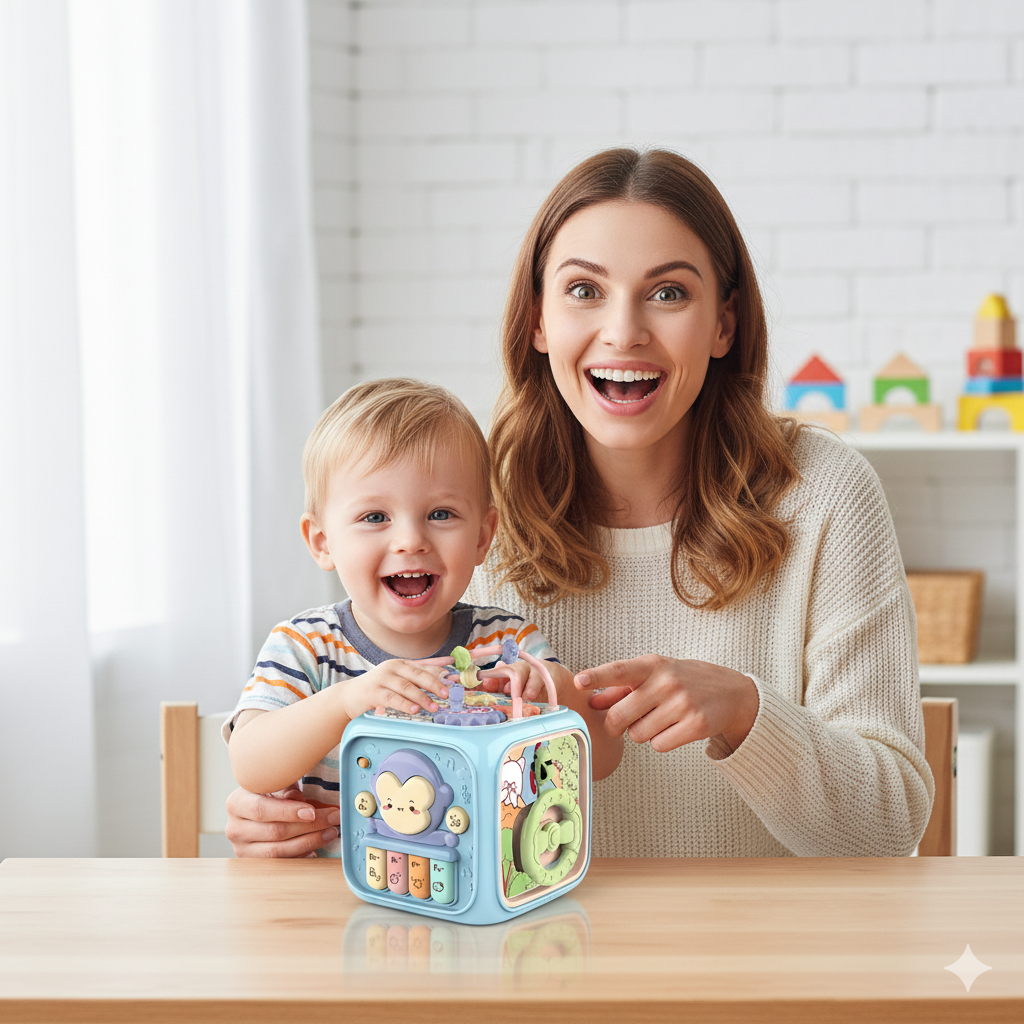 Baby Aktivitäten-Würfel 7-in-1 – Lernspielzeug für Greifen, Fühlen & Frühförderung