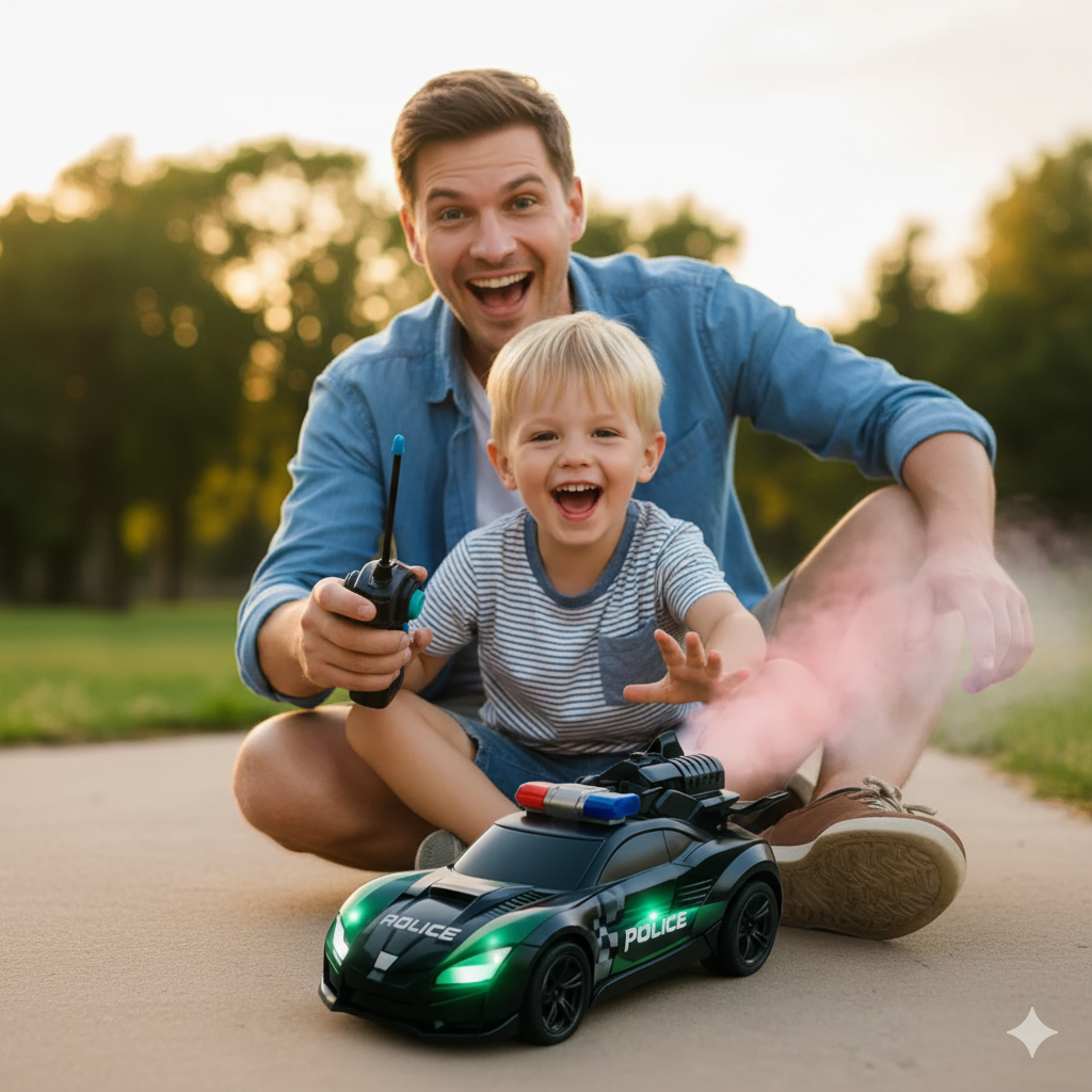 FLITZEN RC Stunt Racer Polizei | Ferngesteuertes Auto mit Nebelspray "Nitro" Effekt | 360° Drehung & LED Licht