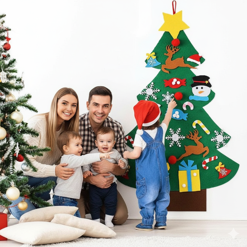 Interaktiver Filzbaum Kinder | Wiederverwendbare Weihnachtsdeko für die Wand | Sicher, Platzsparend & Pädagogisch
