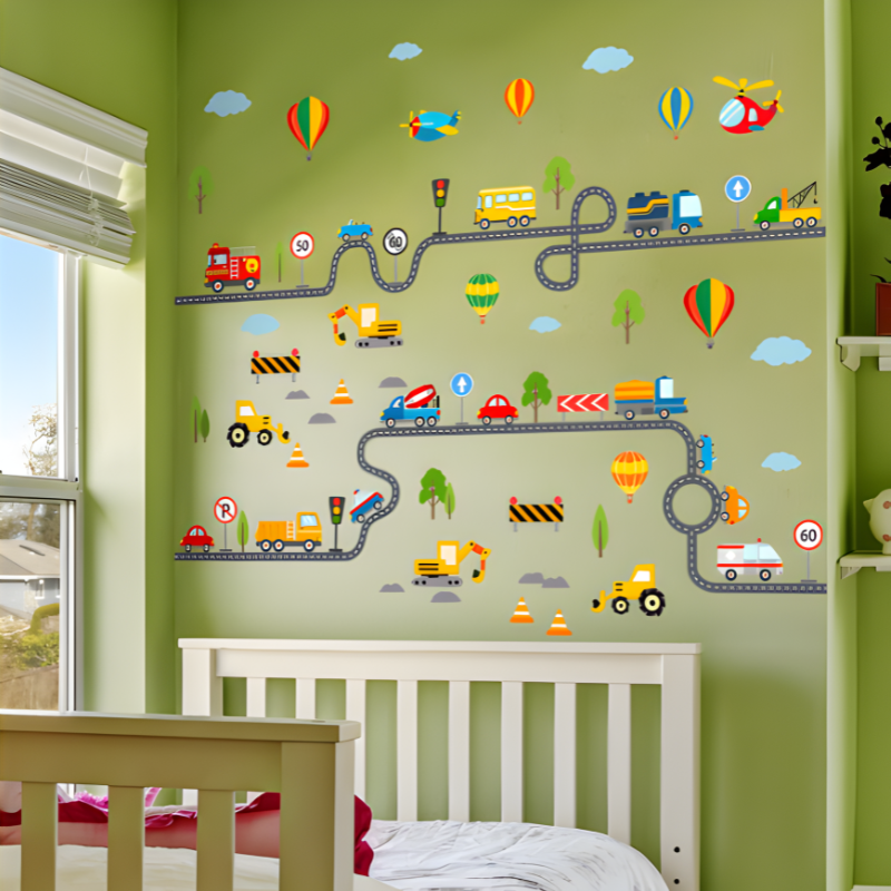 Spielstraße Wandsticker Set | Kreative Auto Wandtattoos für Kinderzimmer | Aquarell Optik