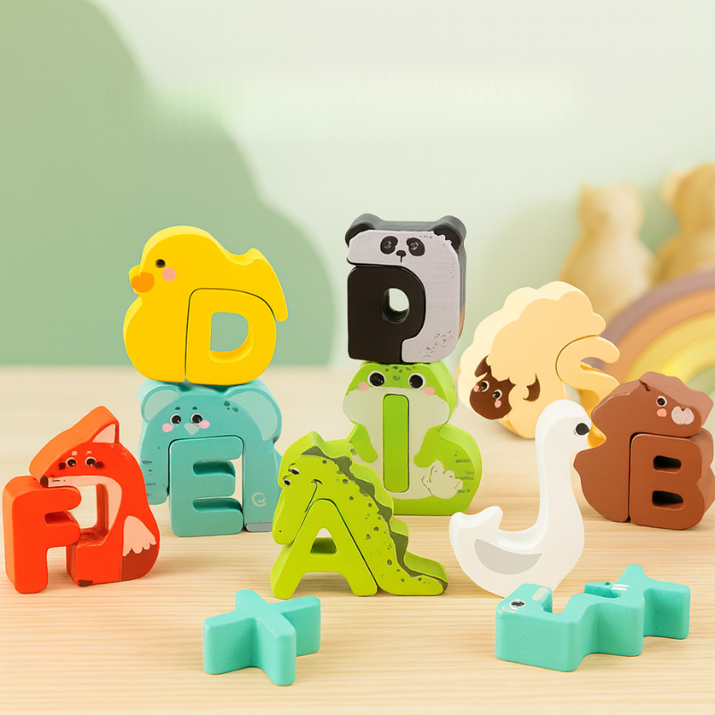 Holz Alphabet Puzzle – Pädagogisches Lernspiel für Kinder: Buchstabenerkennung, Wortschatz & Motorik fördern