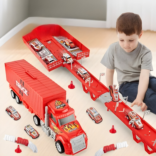 Transformierbarer Feuerwehr-Transporttruck mit Rennstrecke – Kinder Spielzeugauto für Action, Kreativität & Rollenspiel