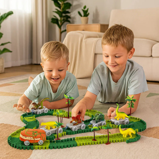 Dinosaurier Strecken Abenteuer – Flexible Rennbahn mit leuchtendem Zug